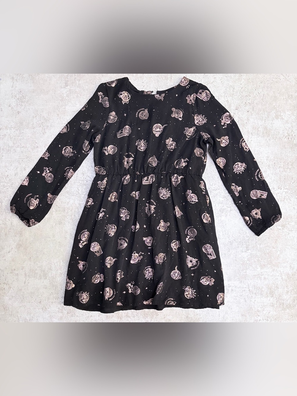Kenzo Kids Black & Rose Gold Metallic Galaxy Globe Print Dress - Size 10A / 140